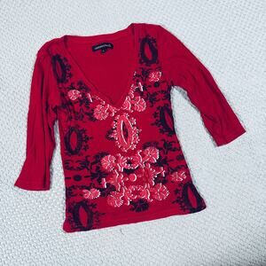 VINTAGE RETRO Y2K WARM RED GRAPHIC QUARTER SLEEVE BABYDOLL COQUETTE TOP WM